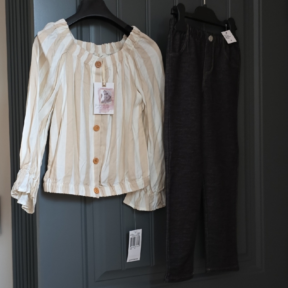 Striped Cream and White Blouse with Black Pants